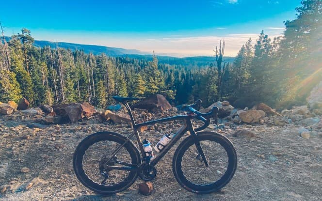 A black road bike resting at a rocky overlook above a pine forest